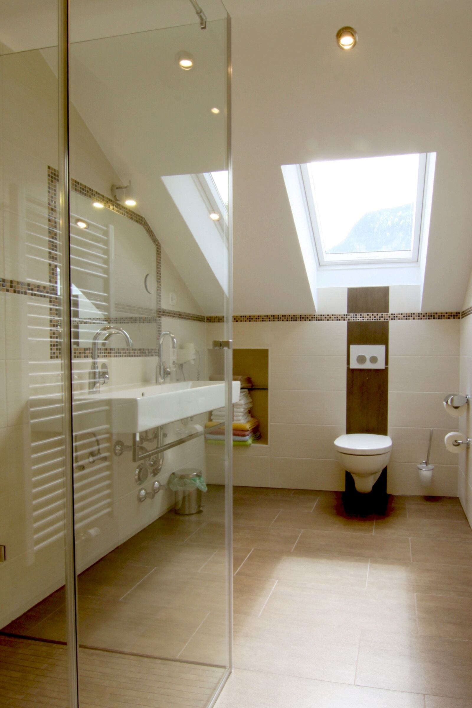Une salle de bain moderne dotée d’une lucarne, d’une cabine de douche en verre et de toilettes.