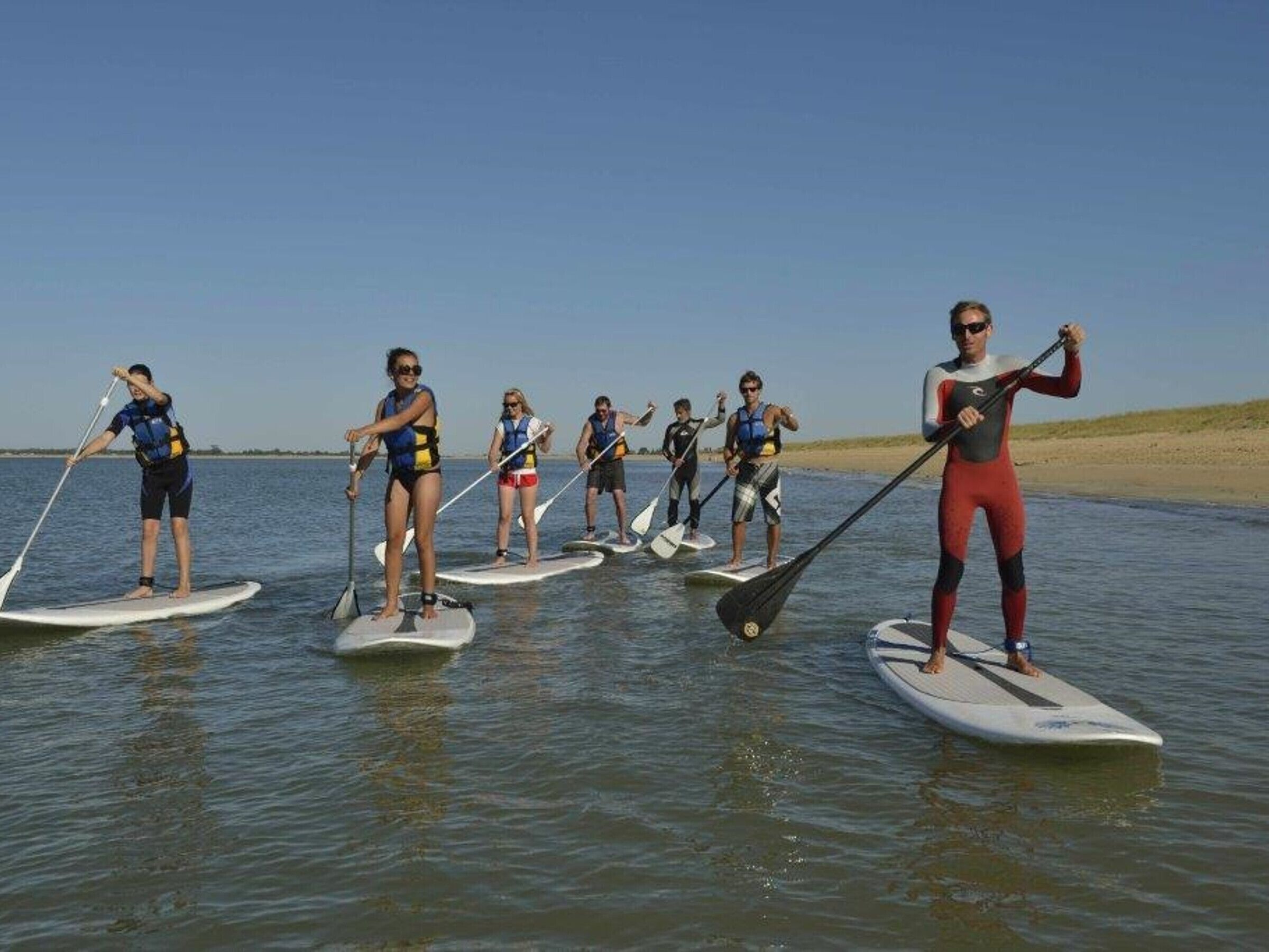 A group of people paddleboarding on a calm body of water.