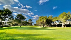 En golfbana med klar himmel och träd.