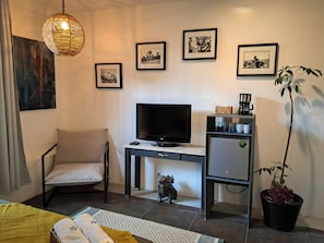 Una habitación de hotel con cama, escritorio con televisor, silla, pequeño armario, planta en maceta y cuadros en la pared.