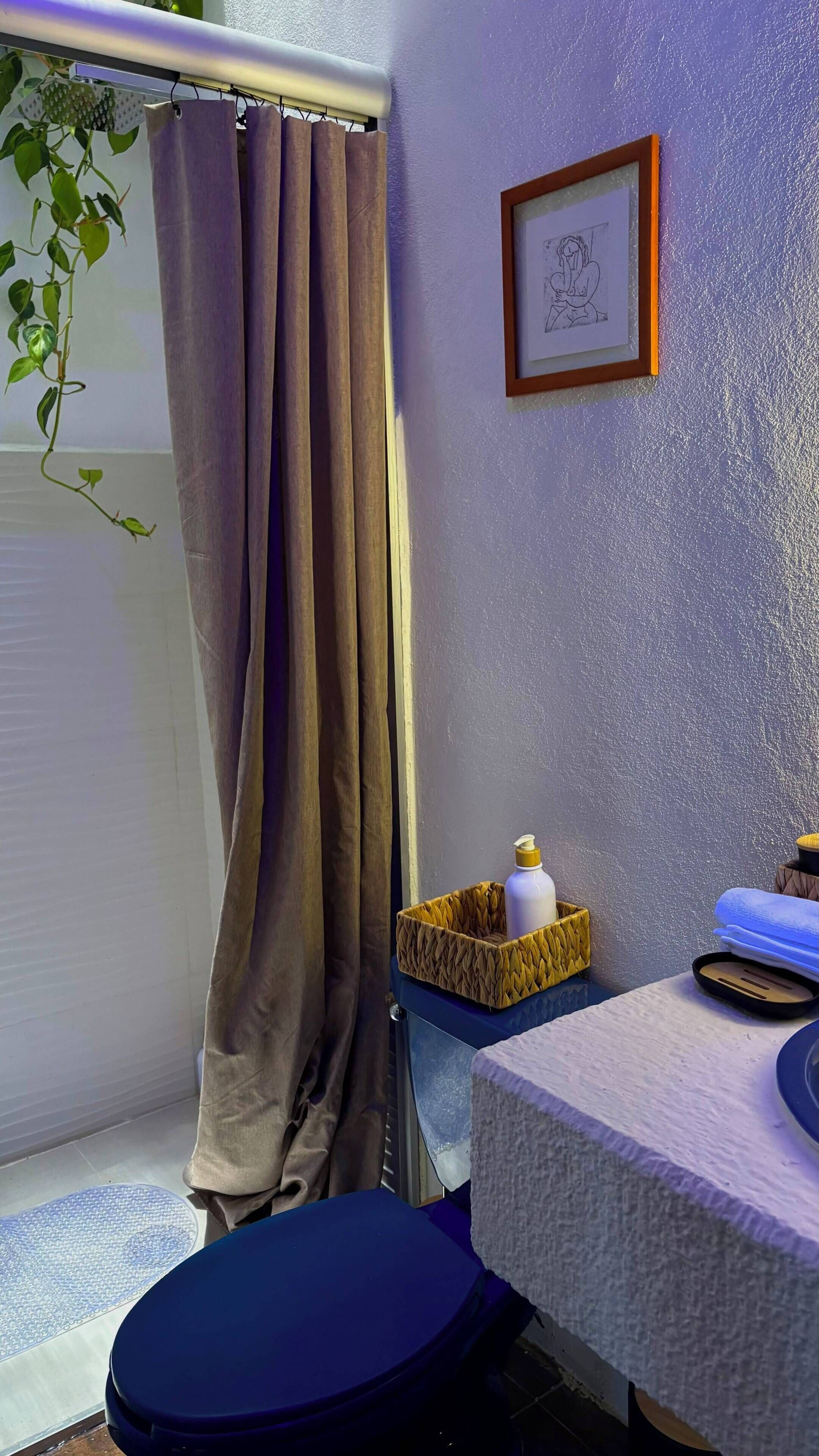 A bathroom with a shower curtain, a framed picture on the wall, a towel rack, and a small table with a bottle.
