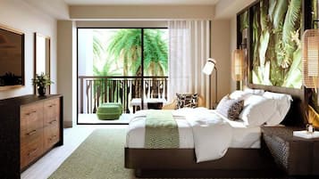 A modern bedroom with a large bed, a view of palm trees through a sliding door, a green patterned rug, and a wooden dresser.