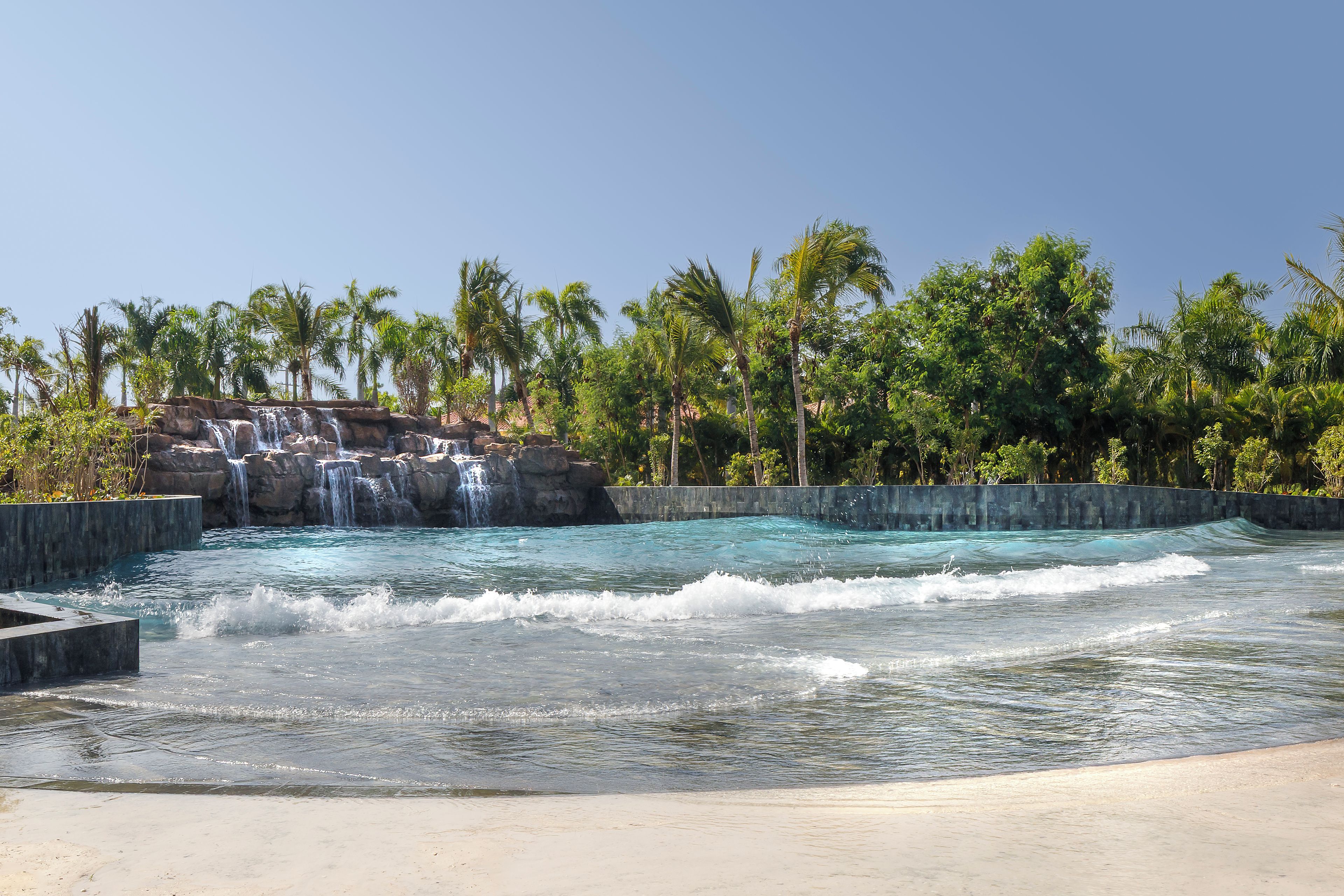 Une piscine avec une cascade et des palmiers.