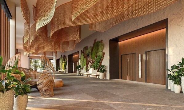 A spacious indoor area with a modern design, featuring a long corridor with seating and potted plants. - Lopesan Caoba Lagoon Resort Spa & Casino - All Inclusive (Punta Cana)