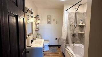 Hair dryer, towels, toilet paper