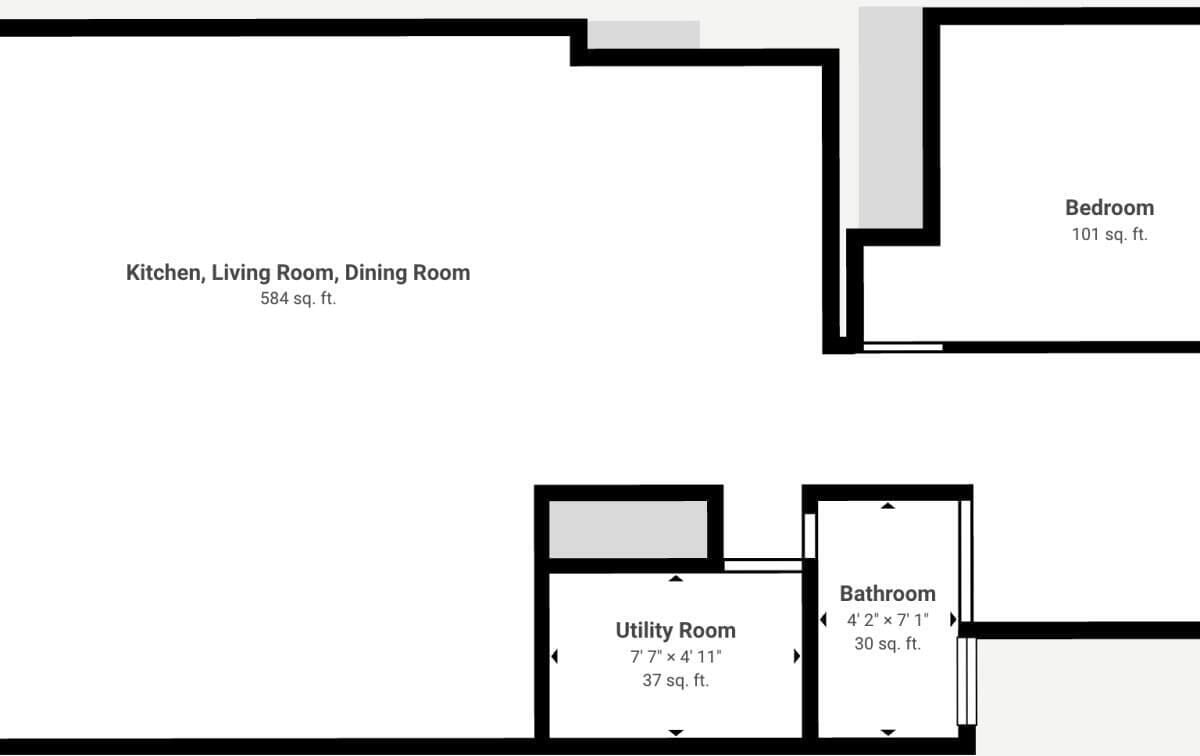 Plano de planta que muestra una cocina, sala de estar, comedor, baño y cuarto de servicio.