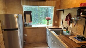 Una cocina compacta con un refrigerador de acero inoxidable, armarios de madera, un lavamanos y una ventana con vistas a zonas verdes.