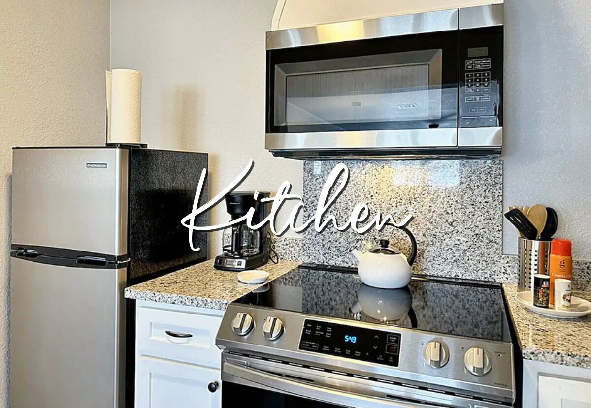Fridge, microwave, stovetop, coffee/tea maker