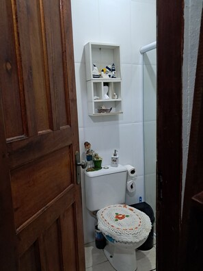 Shower, towels, soap, toilet paper