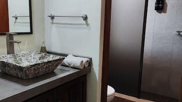 Hair dryer, bidet, towels, soap