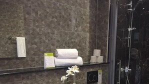 A modern bathroom with a large white sink, a toilet, and a glass-enclosed shower. - Lali's House (Tarrafal)