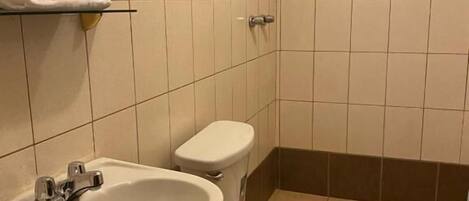 Un baño con lavamanos, inodoro y ducha.