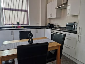 Fridge, microwave, oven, electric kettle