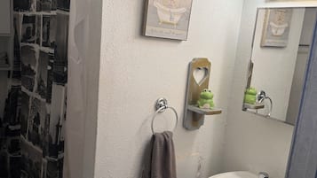 Hair dryer, towels, soap, toilet paper