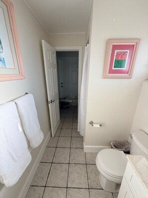 Shower, hair dryer, towels, toilet paper