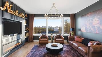 TV, fireplace, books