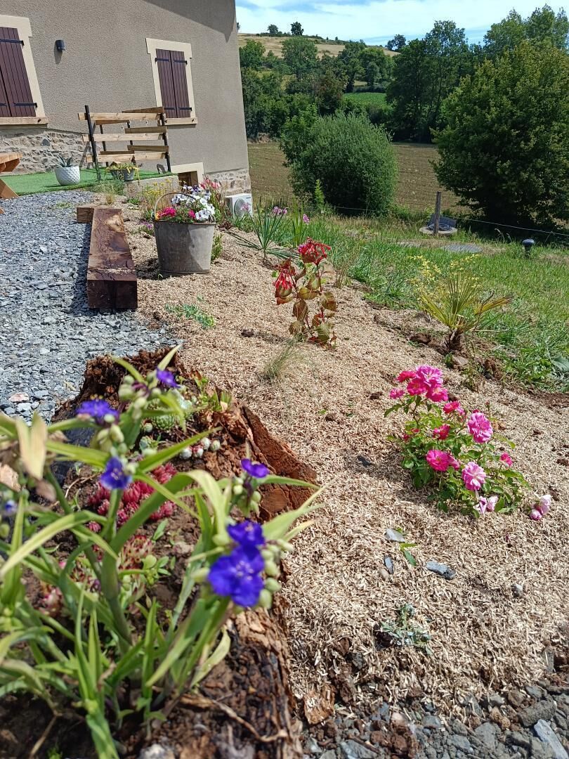 Un jardin avec des fleurs et un banc devant un bâtiment doté de fenêtres.