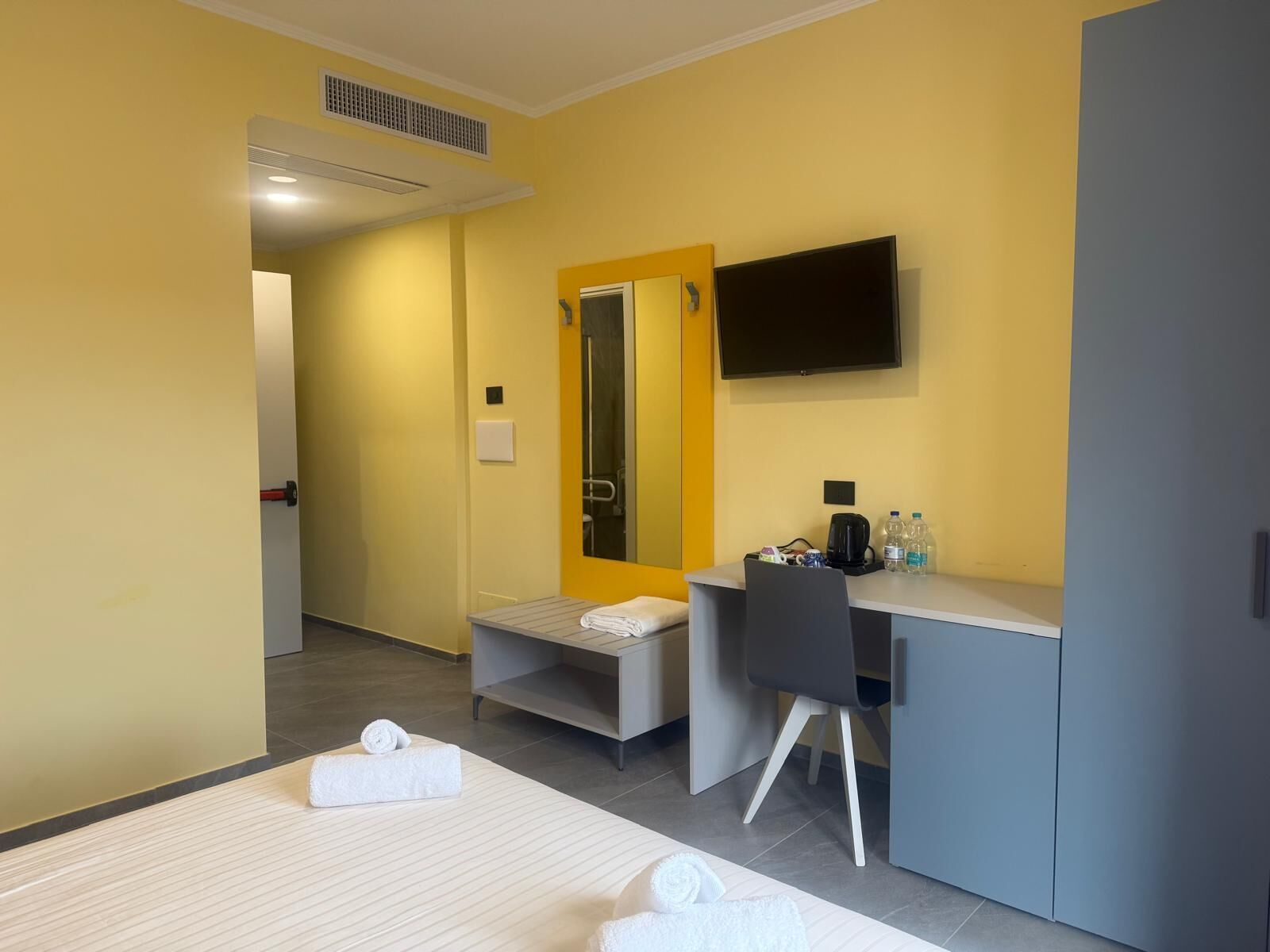A hotel room with a bed, a desk, a chair, a television, and a shower area.