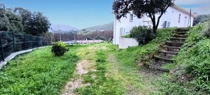 Ein grasbewachsener Weg führt zu einem weißen Gebäude mit einer Treppe auf der rechten Seite.