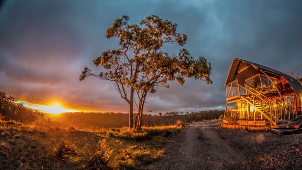 A rustic cabin with a large tree in front, a dirt path leading to it, and a sunset in the background.