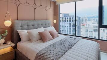 Luxury Studio, City View | Desk, laptop workspace, blackout drapes, iron/ironing board