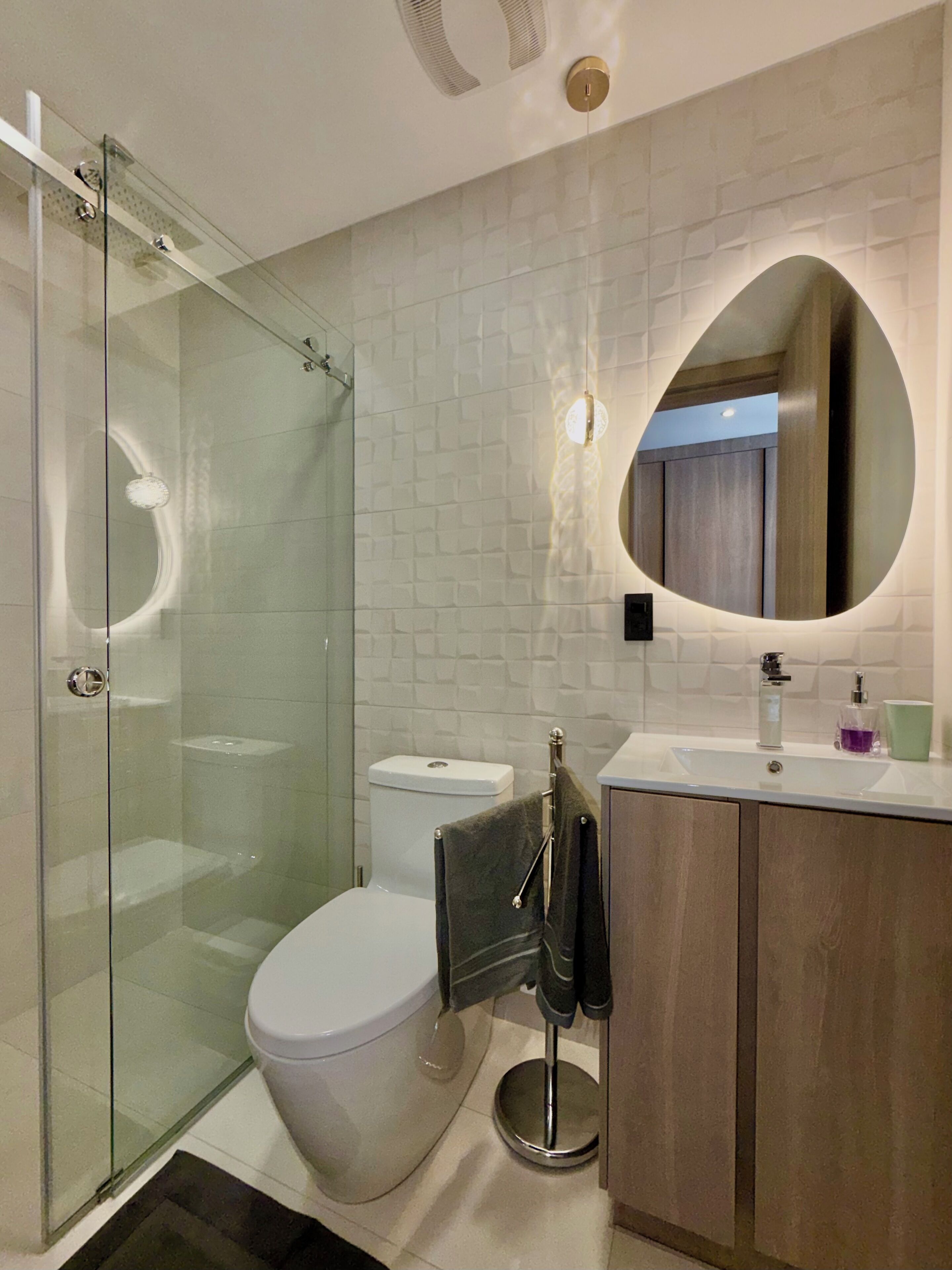 A modern bathroom with a glass shower enclosure, a toilet, a sink with a mirror, and a towel rack.