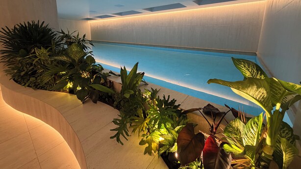 An indoor swimming pool with a curved wall and potted plants. - Adagio apartments by Nomad-In (Quito)