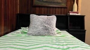 A bed with a green and white striped bedspread, a gray fluffy pillow, and a painting of a forest on the wall behind. - Vista Lapas Vacation Home (Quepos)