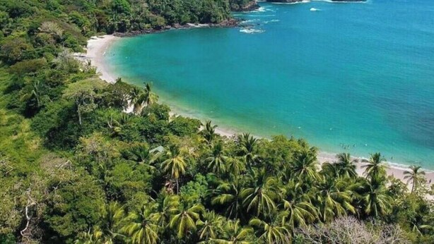 A coastal landscape with a beach, dense tropical vegetation, and a clear view of the ocean. - Vista Lapas Vacation Home (Quepos)