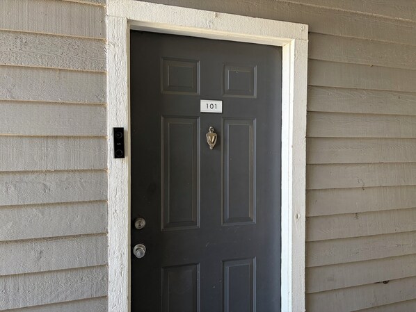 A dark-colored door with a number plate labeled '101' and a brass knocker.