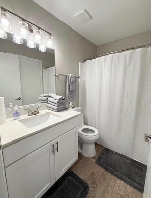 Secador de cabelo, toalhas de banho, sabonete, papel higiênico