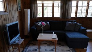 Una sala de estar con televisión, sofá, mesa de centro y una ventana con cortinas.