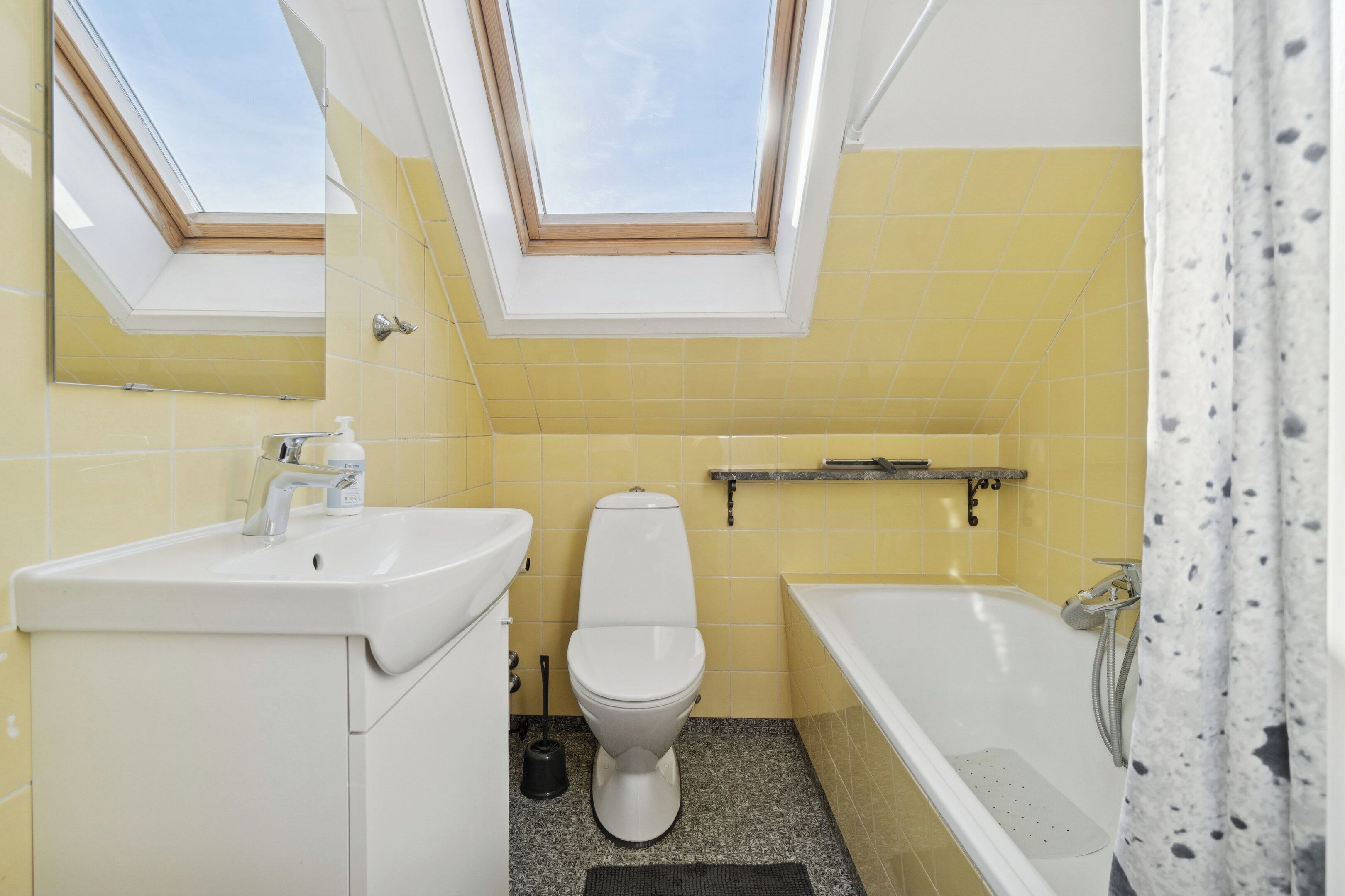 Een badkamer met dakraam, toilet, wastafel en bad.