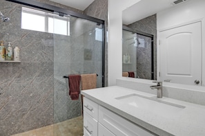 Hair dryer, towels, soap, toilet paper