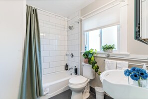 Hair dryer, towels, soap, toilet paper