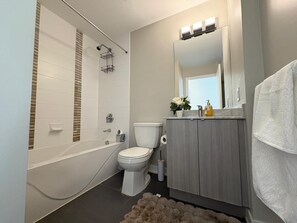 Hair dryer, soap, toilet paper