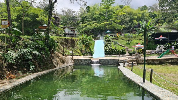 A tranquil outdoor pool area with a central waterfall, surrounded by lush greenery and a small bridge. - Aldea Los Pioneros (Venecia)