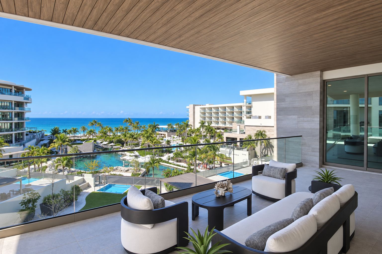 A modern hotel balcony with a pool, outdoor seating, and a view of the ocean.