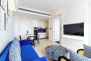 Apartament de luxe, 1 dormitori, vistes a l'oceà | Roba de llit d'alta qualitat i matalassos d'escuma viscoelàstica 