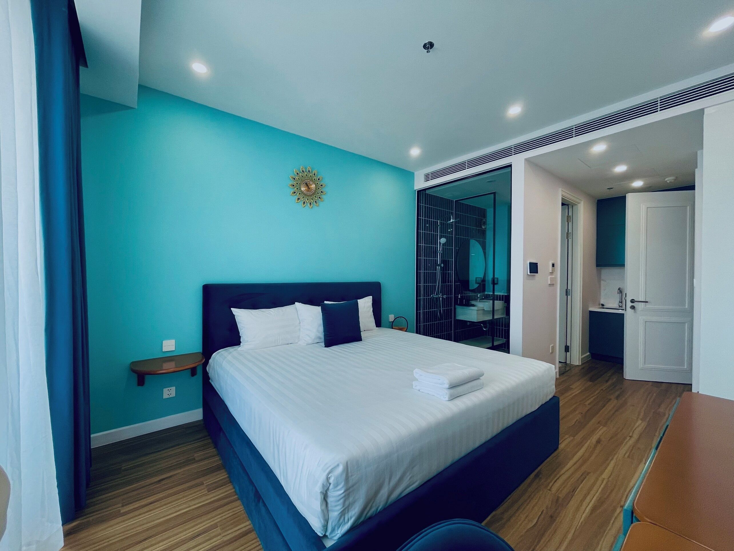 Desk, blackout curtains, soundproofing, iron/ironing board