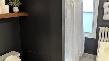Hair dryer, towels, soap, toilet paper