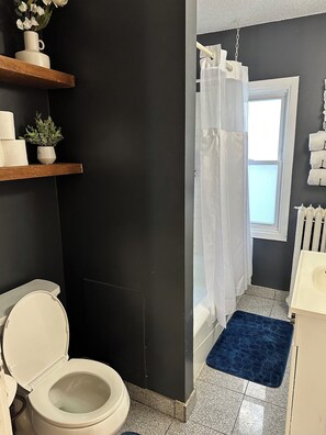 Hair dryer, towels, soap, toilet paper