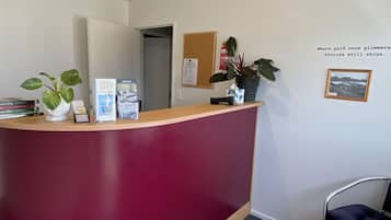 A reception desk with a red panel, a potted plant, brochures, and a framed picture on the wall.