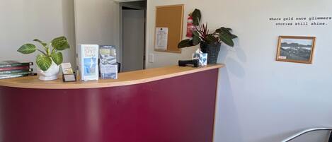 A reception desk with a red panel, a potted plant, brochures, and a framed picture on the wall.