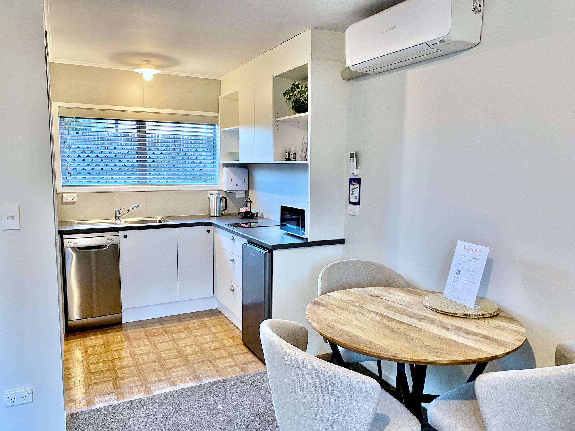Mini-fridge, microwave, stovetop, dishwasher