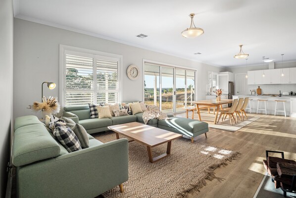 TV, fireplace, books