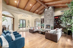 Smart TV, fireplace, books