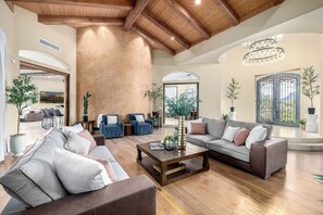 Smart TV, fireplace, books