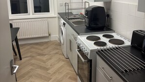A modern kitchen with a built-in oven, microwave, and kettle, a washing machine, and a window with blinds. - Wonderful 1-bed apt East London central (London)