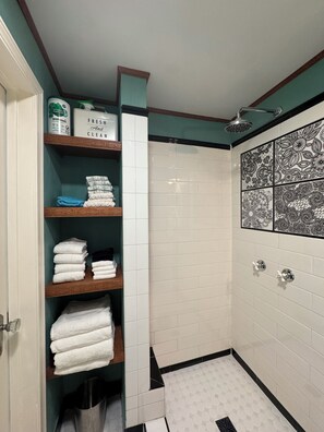 Hair dryer, towels, soap, toilet paper